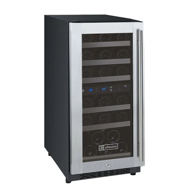 Allavino 15″ Wide FlexCount II Tru-Vino 30 Bottle Dual Zone Stainless Steel Left Hinge Wine Refrigerator