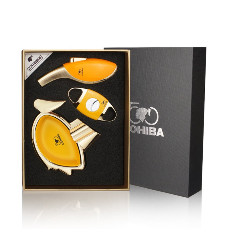 COHIBA CIGAR LIGHTER ACCESSORIES SET CIGAR CUTTER COMO CIGAR ASHTRAY WINDPROOF BUTANE GAS TORCH JET FLAME LIGHTER CIGAR MEN GIFT BOX Black