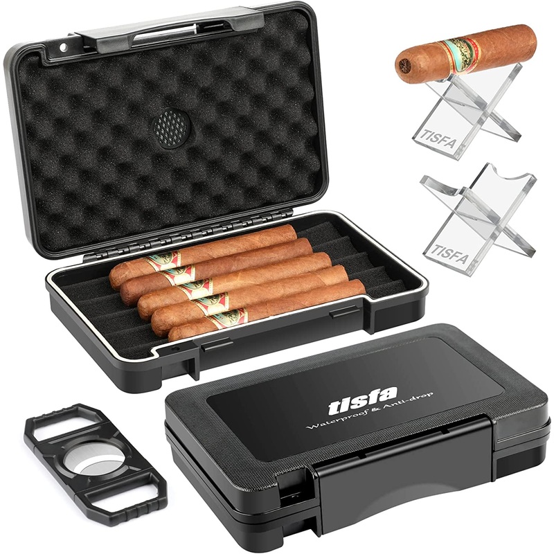 XIFEI TISFA Cigar Travel Humidor Case with Cigar Cutter and Cigar Stand, Portable Cigar Humidor, Waterproof Cigar Box Holds up to 5 Cigars – Cigars Gift Set for Men Black