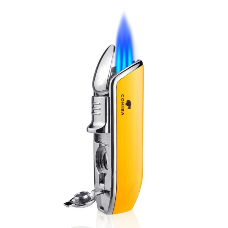 COHIBA METAL WINDPROOF MINI POCKET CIGAR LIGHTER 3 JET BLUE FLAME TORCH CIGARETTE LIGHTERS WITH CIGAR PUNCH GIFT BOX YELLOW