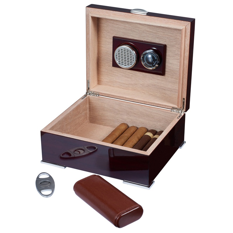 Visol Xander Burgundy Wood Humidor Gift Set With Case And Cutter