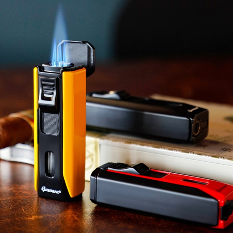 GUEVARA WINDPROOF CIGAR LIGHTER METAL 3 JET TORCH TRIPLE BLUE FLAME REFILLABLE GAS BUTANE CIGAR ACCESSORIES WITH CIGAR PUNCH Red