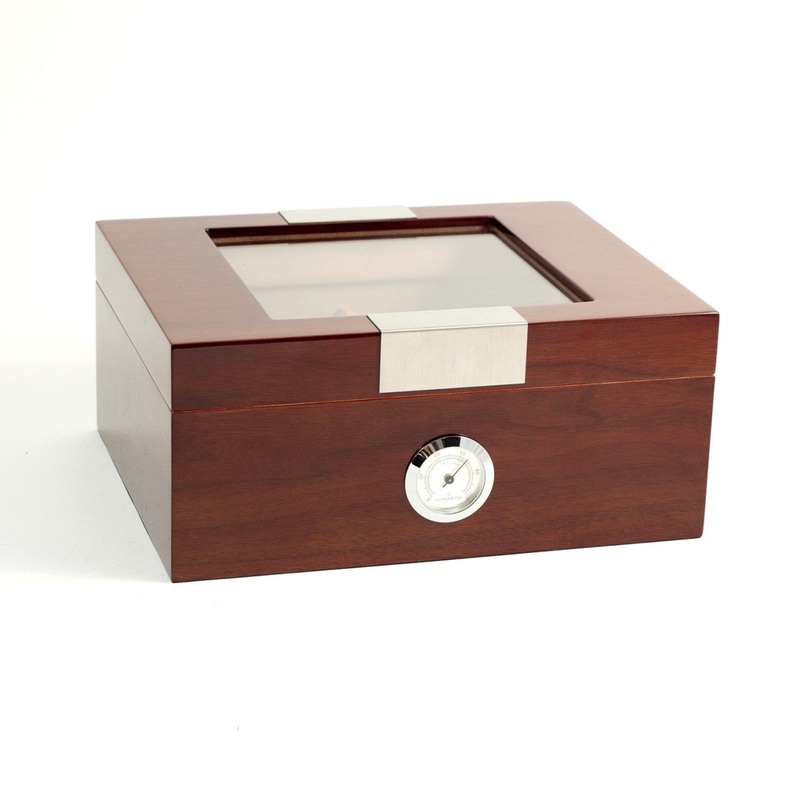 Lacquered “Walnut” Wood Humidor with Spanish Cedar Lining and Glass See-thru Lid – 60 Cigar ct