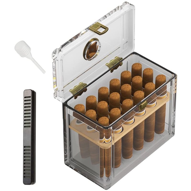XIFEI TISFA Acrylic Cigar Humidor with Humidifier and Hygrometer, Desktop Cigar Case Box with Spanish Cedar Cigar Tray That can Hold About 18-50 Cigars Clear