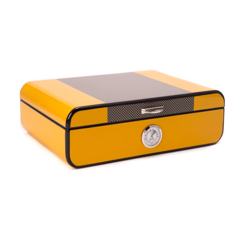 Bey-Berk Carbon Fiber Humidor with Yellow Lacquered Wood 25 Cigar