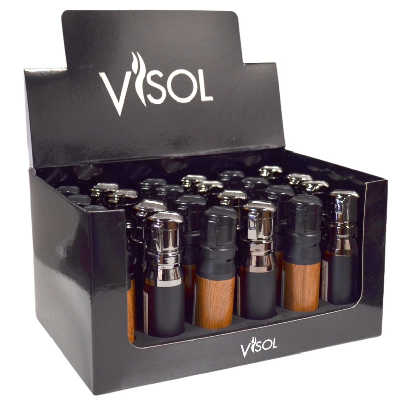 Visol Retail Package – Bulldog Wood & Black Matte Quad Flame Lighter 24 Count