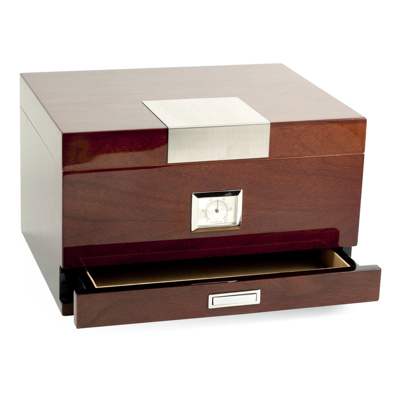 Lacquered “Walnut” Wood 60 Cigar Humidor with Spanish Cedar Lining and Accessory Drawer