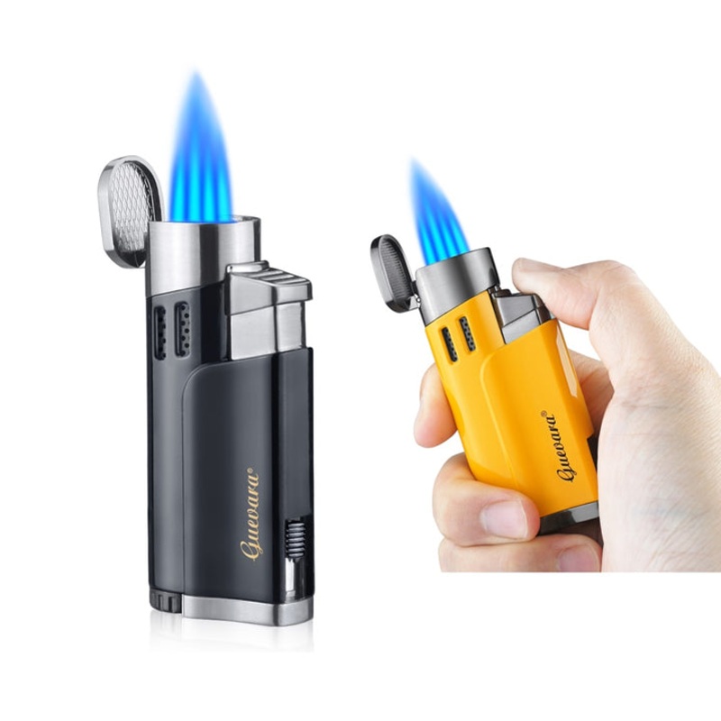 GUEVARA METAL CIGAR TOBACCO WINDPROOF LIGHTERS 4 TORCH JET BLUE FLAME REFILLABLE WITH PUNCH SMOKING TOOL ACCESSORIES PORTABLE Yellow