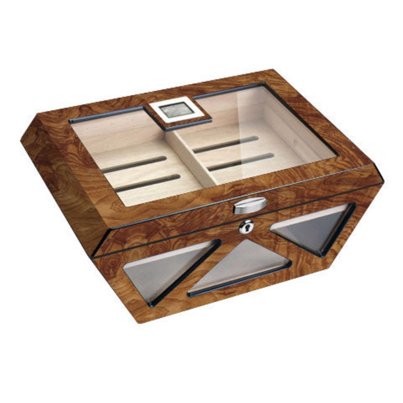 Visol Collin Matte Burlwood Glass Top Cigar Humidor – Holds 100 Cigars