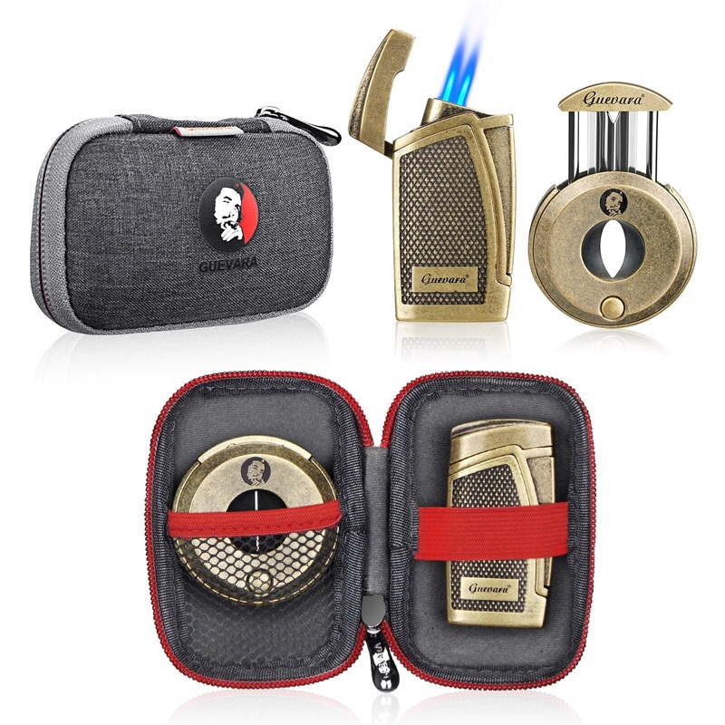 GUEVARA STAINLESS STEEL CIGAR CUTTER LIGHTER WINDPROOF 2 JET FLAME BUTANE CIGAR CIGARETTE CASE ACCESSORIES FOR GIFT BOX Gold