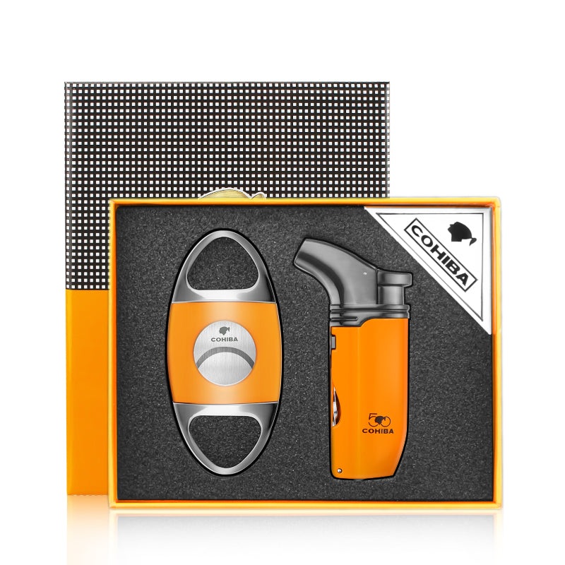 COHIBA CIGAR LIGHTER AND CUTTER SET METAL WINDPROOF BUTANE GAS TORCH LIGHTERS WITH CIGAR PUNCH NEEDLE CIGAR ACCESSORIES MEN GIFT Gray