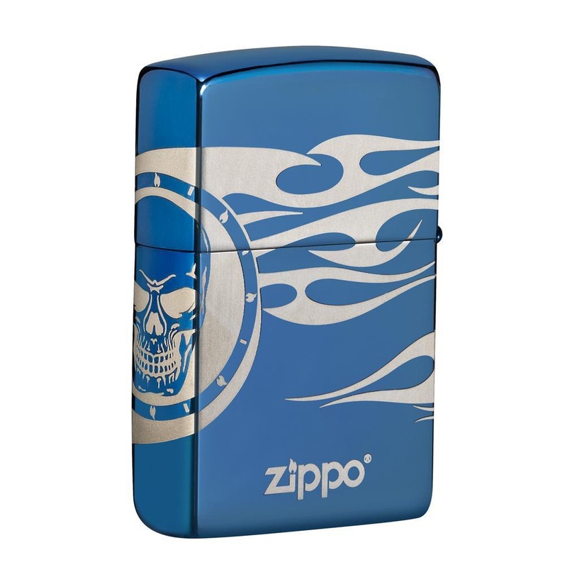 Zippo Lighter – Skull Tattoo w/ Flames High Polish Blue