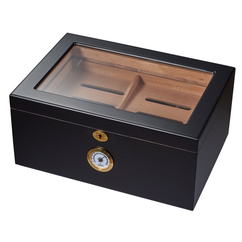 Visol Rainier Glass Top with Black Matte Finish Cigar Humidor – Holds 100 Cigars