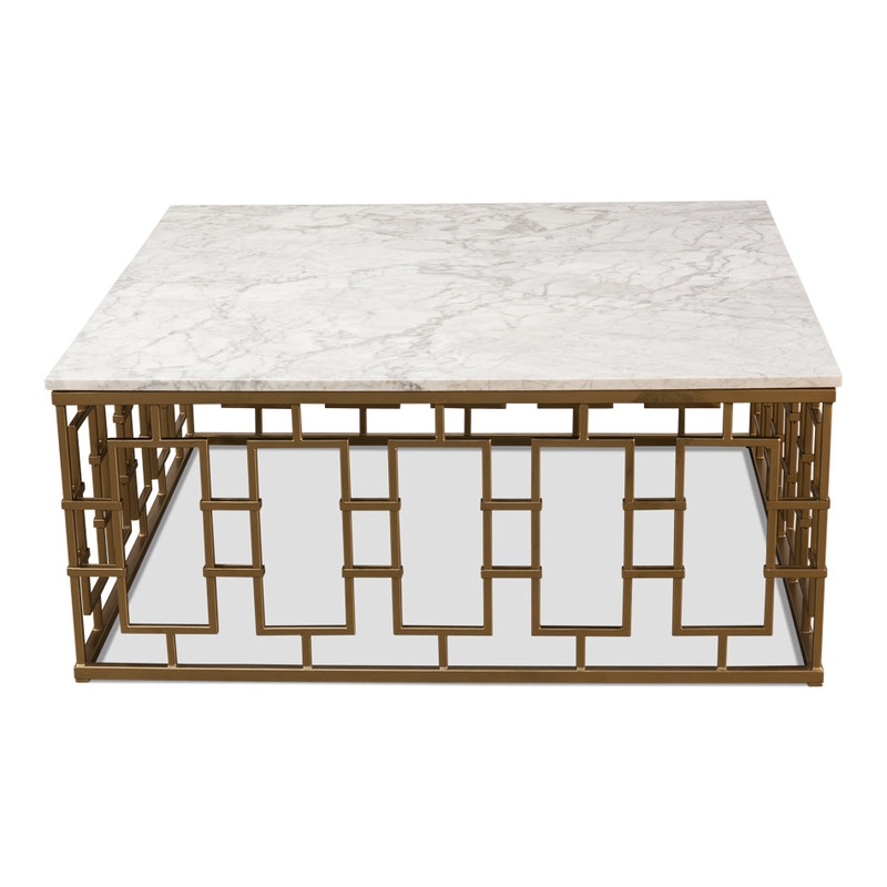 Brass Gate Cocktail Table W/ Wht Marble by Sarreid