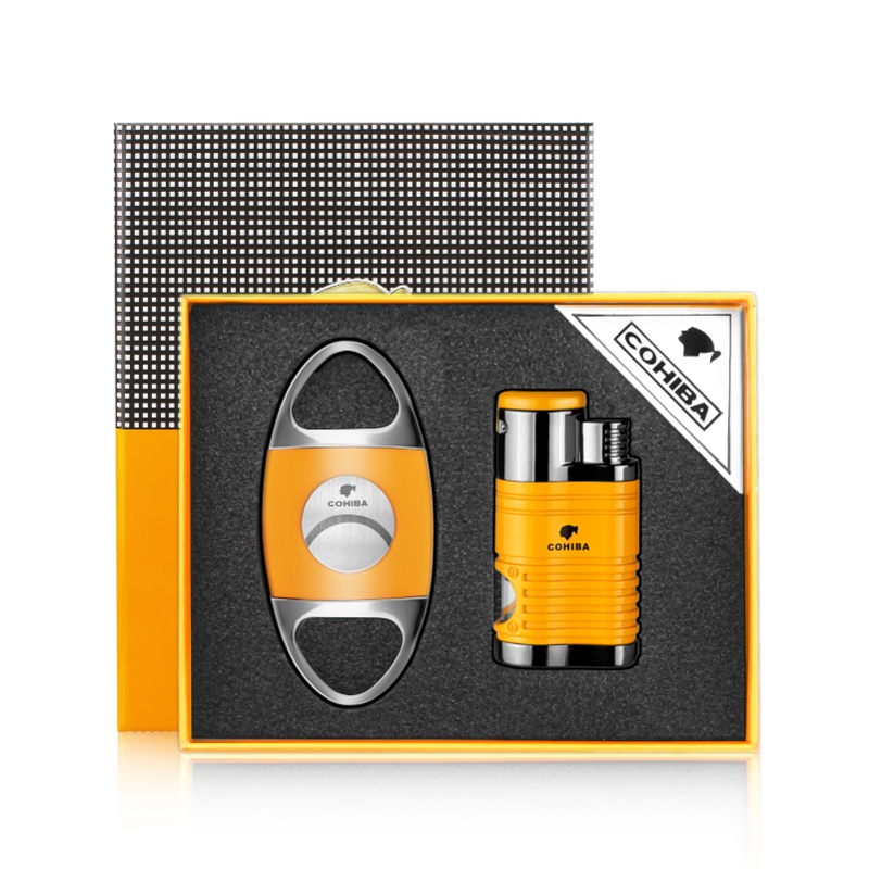 COHIBA CIGAR LIGHTER CUTTER ACCESSORIES SET COMBO 4 JET TORCH FLAME BUTANE GAS LIGHTERS WITH CIGAR PUNCH NEEDLE MEN GIFT Yellow
