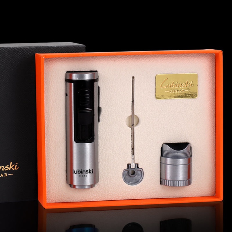 LUBINSKI METAL CIGAR LIGHTER WITH CIGAR PUNCHER NEEDLE DRILL BUTANE BLUE GAS FLAME TORCH LUXURY CIGAR LIGHTER SMOKING ACCESOIRES Blue