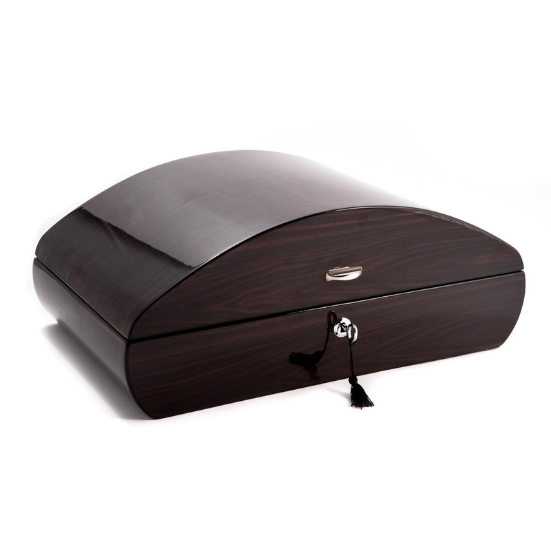 Lacquered “Ebony” Wood 100 Cigar Humidor with Spanish Cedar Lining and Tray