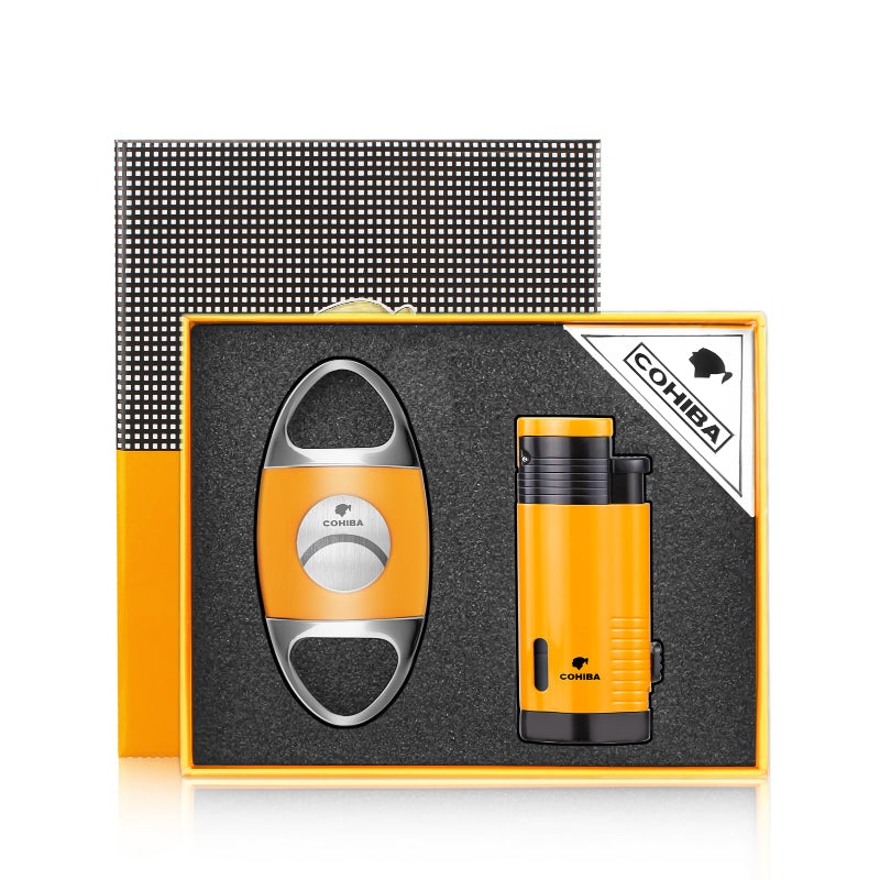 COHIBA CIGAR LIGHTER AND CUTTER COMBO METAL WINDPROOF BUTANE GAS TORCH LIGHTERS WITH CIGAR PUNCH NEEDLE ACCESSORIES MEN GIFT SET Black