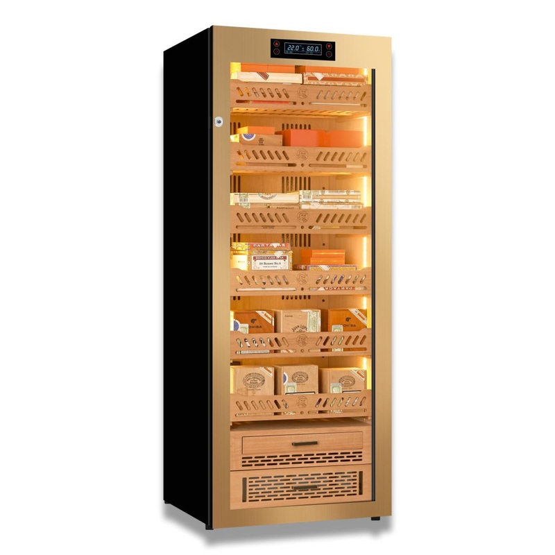 Yohtron YC-288G Premium Series Gold 1,700-Cigar Electric Humidor Key Lock (default) Fixed Shelf Rail (default)