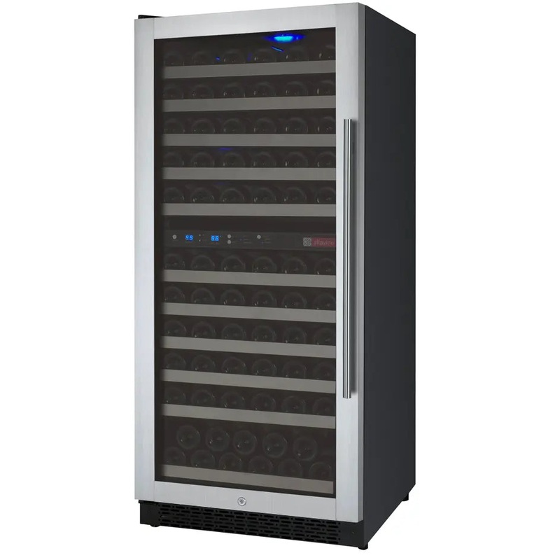 Allavino 24″ Wide FlexCount II Tru-Vino 121 Bottle Dual Zone Stainless Steel Left Hinge Wine Refrigerator