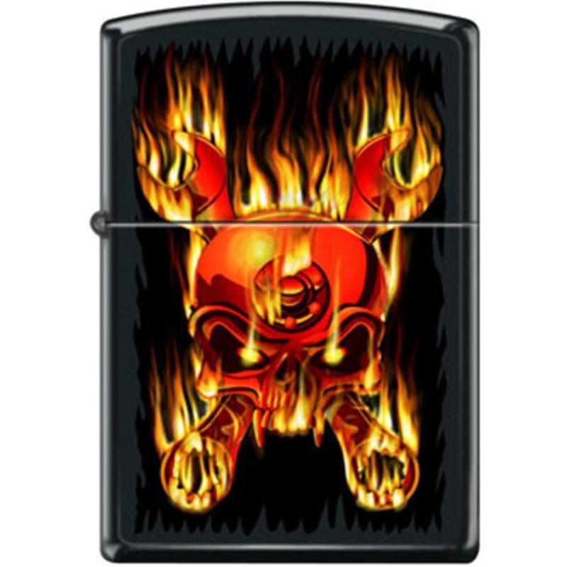 Zippo Lighter – Skull Flaming Wrenched Black Matte