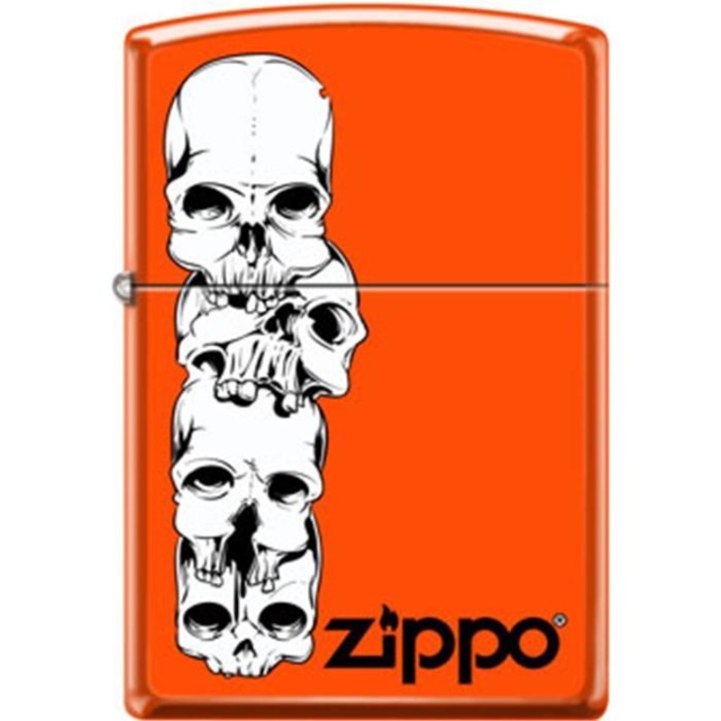 Zippo Lighter – Skulls Stacked With Logo Neon Orange