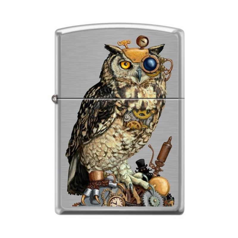 Zippo Lighter – Steampunk Owl Brushed Chrome