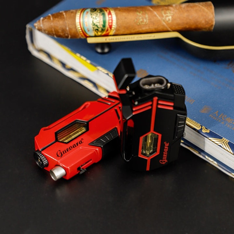 GUEVARA 2 JET TORCH CIGAR LIGHTER METAL WINDRPROOF BLUE FLAME REFILLABLE GAS BUTANE CIGAR LIGHTER ACCESSORIES WITH CIGAR PUNCH Red