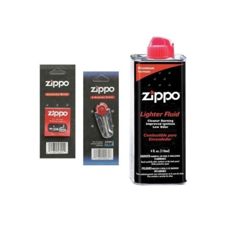 Zippo Combo Pack – 4 oz Fluid + 1 Wick + 1 Pack Flint