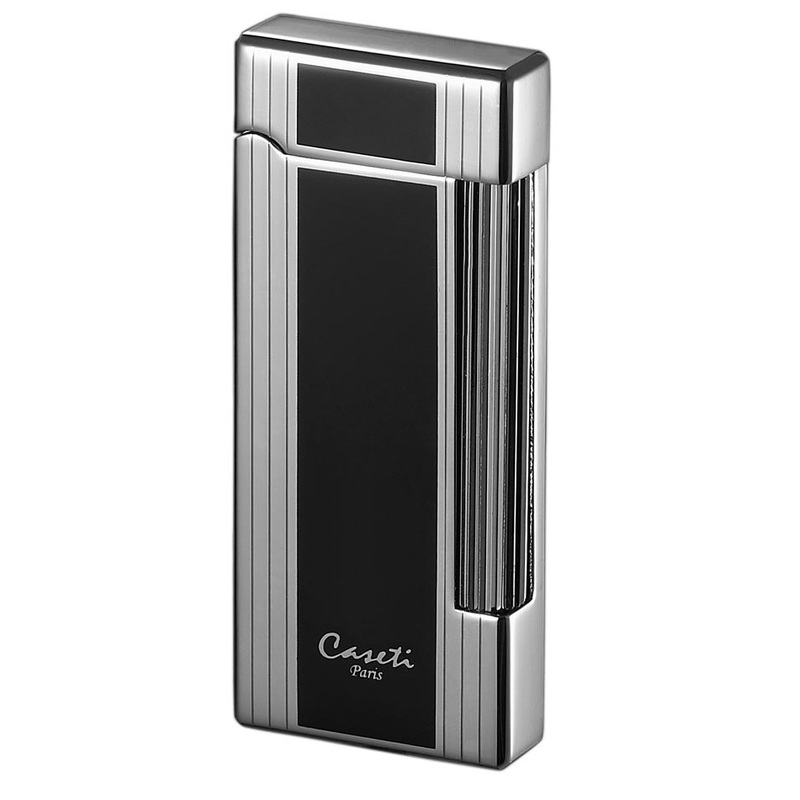 Caseti Ravensdale Chrome Plated Vertical Lines and Black Lacquer Flint Traditional Flame Lighter