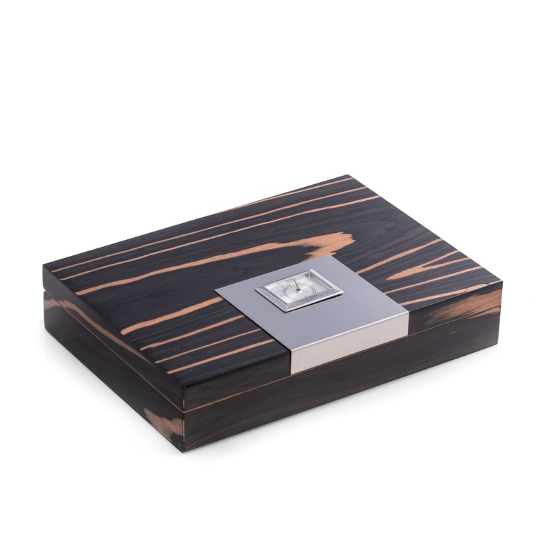 Lacquered “Ebony” Wood 12 Cigar Humidor with Spanish Cedar Lining and Stainless Steel Accents