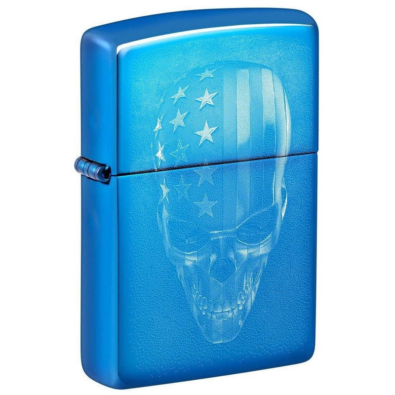 Zippo Lighter: American Flag Skull, Photo Image – High Polish Blue 48739