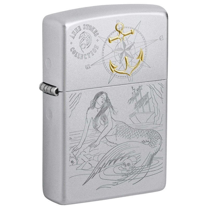 Zippo Lighter: Anne Stokes Collection, Engraved Mermaid and Ship – Satin Chrome 81011
