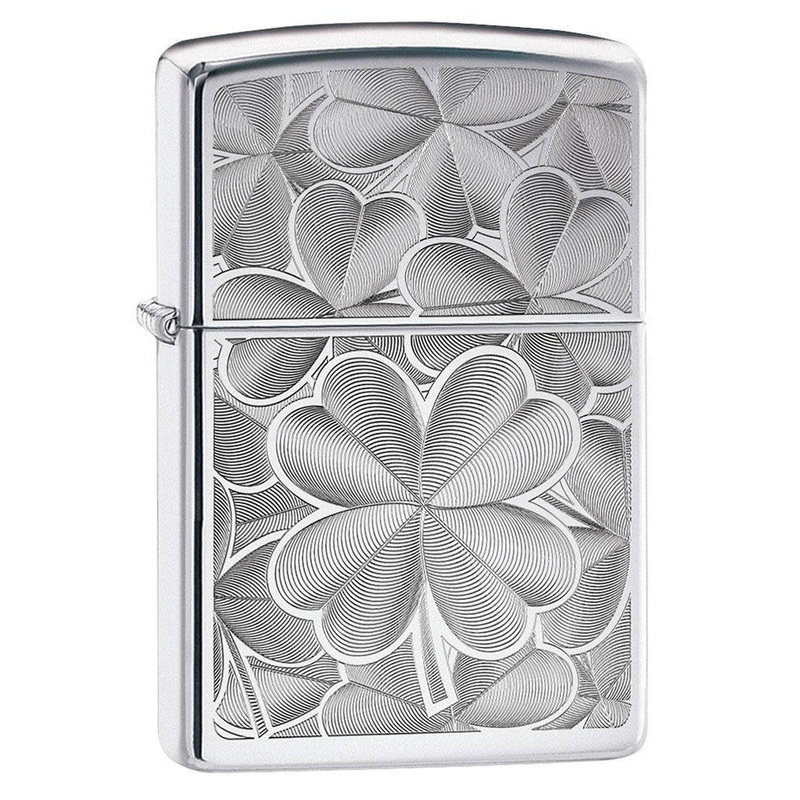 Zippo Lighter: Engraved Four Leaf Clovers – High Polish Chrome 80854