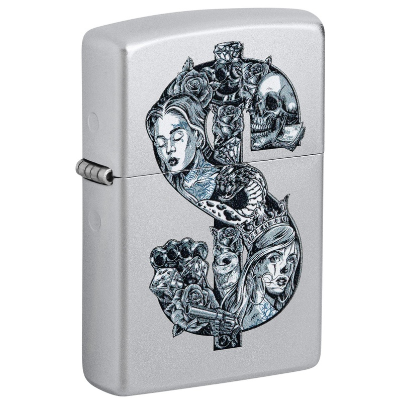 Zippo Lighter: Tattoo Dollar Sign – Satin Chrome 46046