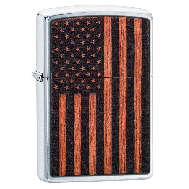 Zippo Lighter: Woodchuck American Flag – Brushed Chrome 29966
