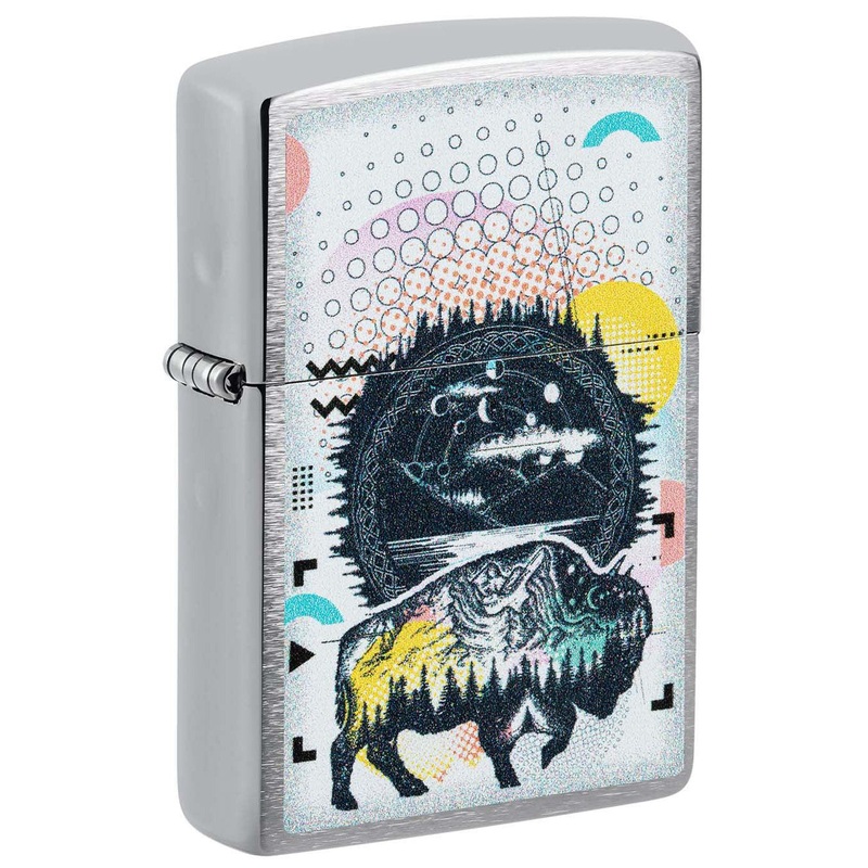 Zippo Lighter: Bison Design – Brushed Chrome 48802