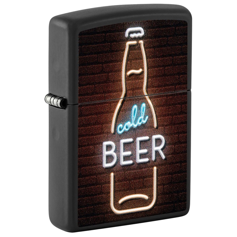 Zippo Lighter: Cold Beer Neon Sign, Raised Print – Black Matte 46112