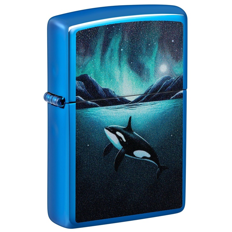Zippo Lighter: Killer Whale Design – High Polish Blue 48984