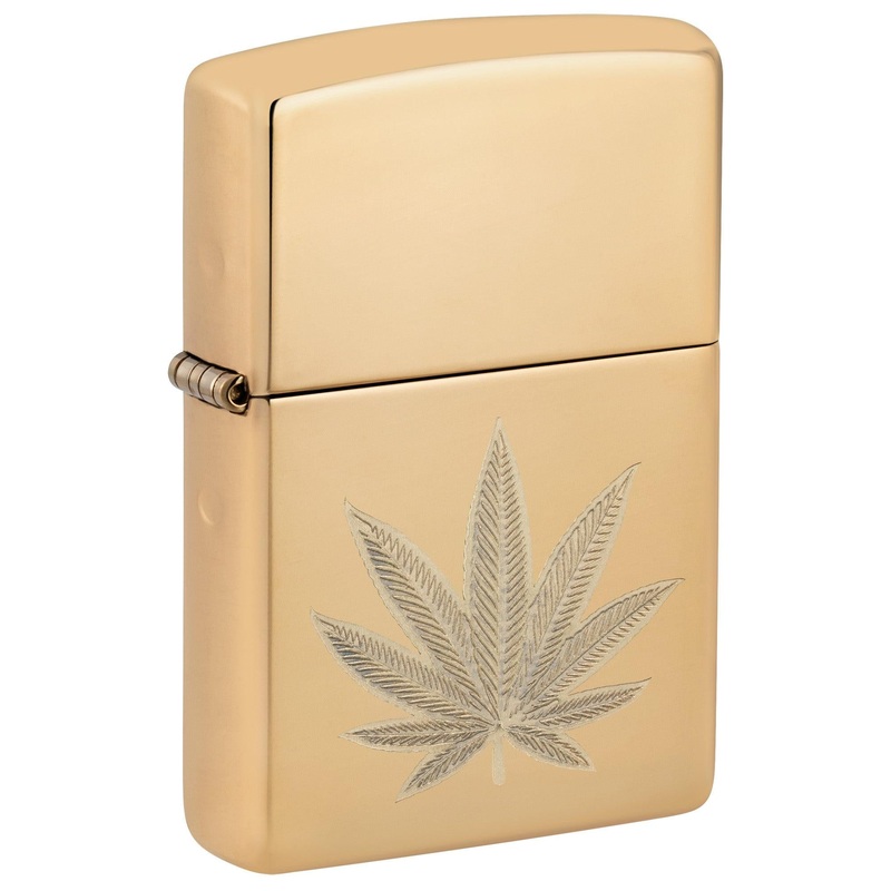 Zippo Lighter: Weed Leaf, Engraved – High Polish Brass 46560