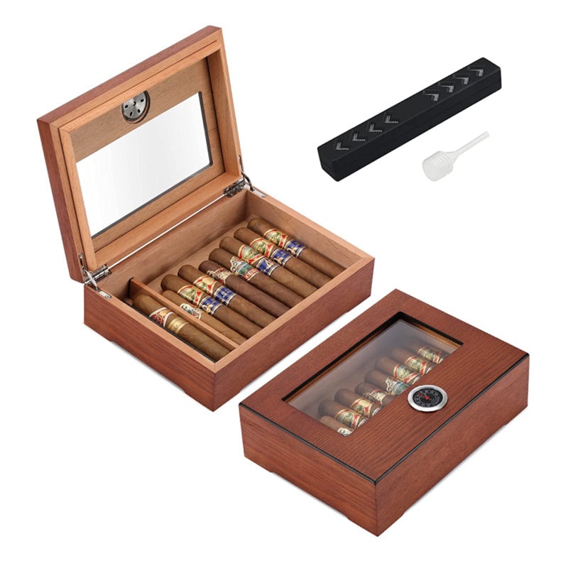 XIFEI TISFA Cigar Humidor, Glass Top Cigar Box with Hygrometer Humidifier and Divider, Desktop Cedar Wood Storage Case Holds 20-30 Cigars Brown