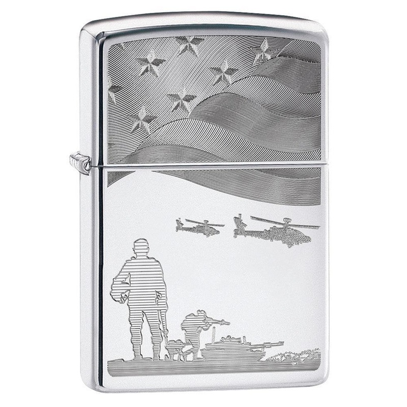 Zippo Lighter: Soldiers and American Flag, Engraved – High Polish Chrome 80790