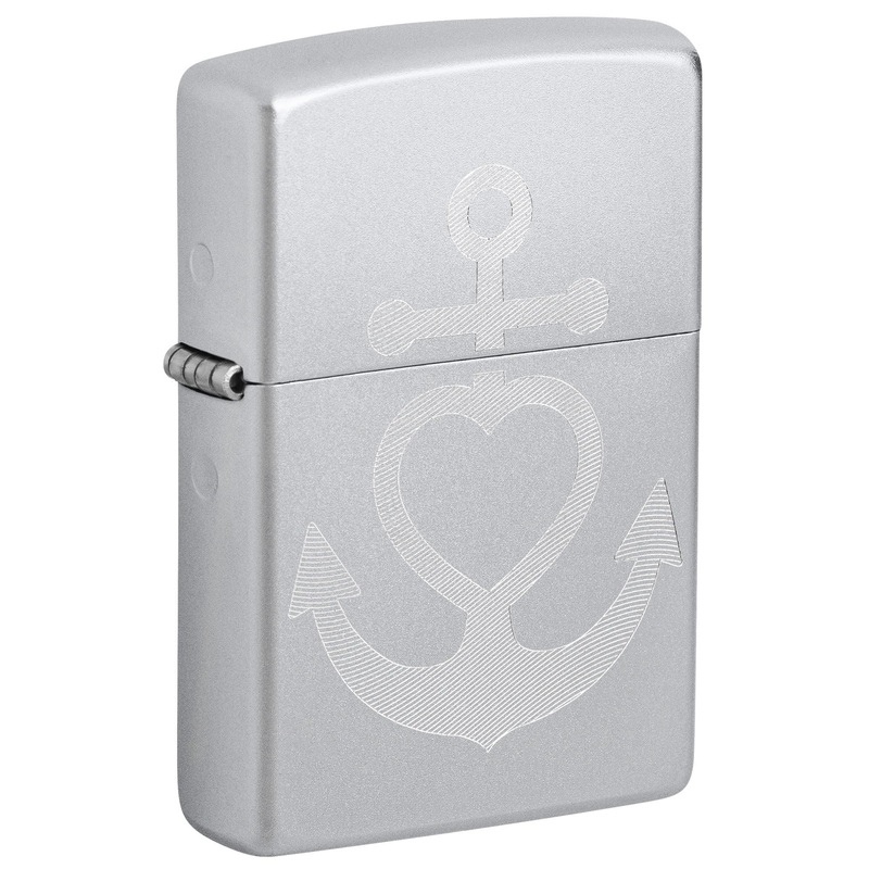 Zippo Lighter: Engraved Heart and Anchor – Satin Chrome 46028