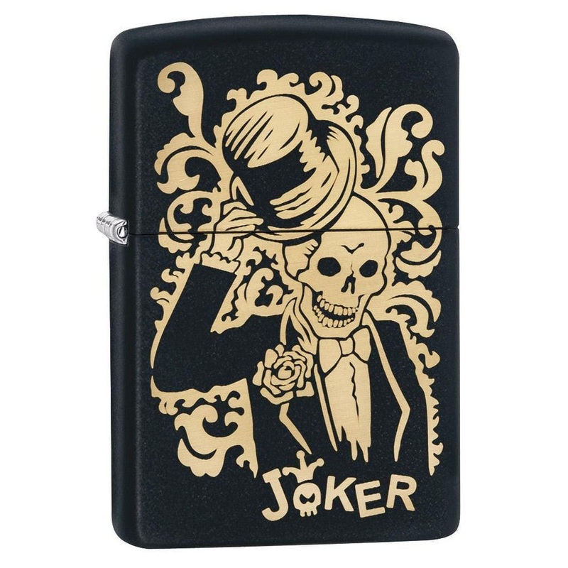 Zippo Lighter: Joker in Tuxedo, Engraved – Black Matte 29632