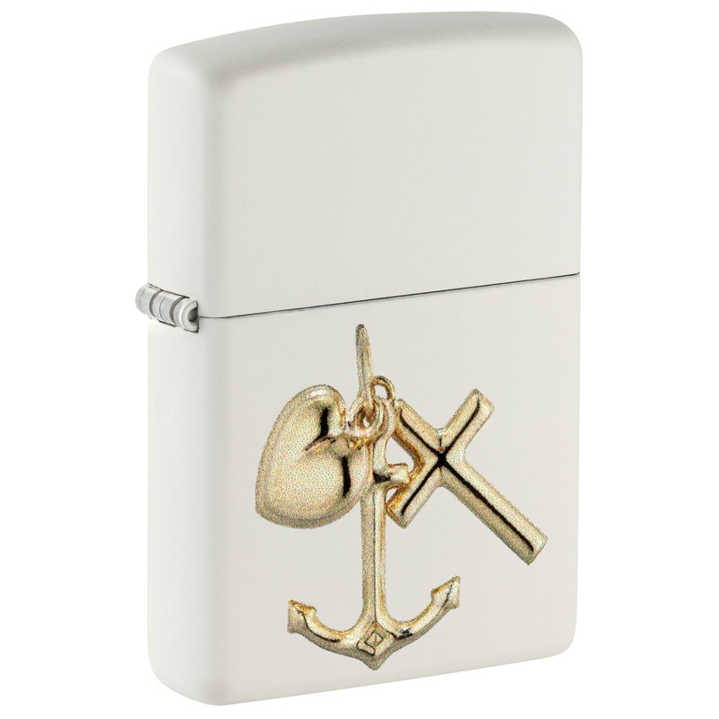 Zippo Lighter: Raised Anchor, Cross, and Heart Emblem – White Matte 81653