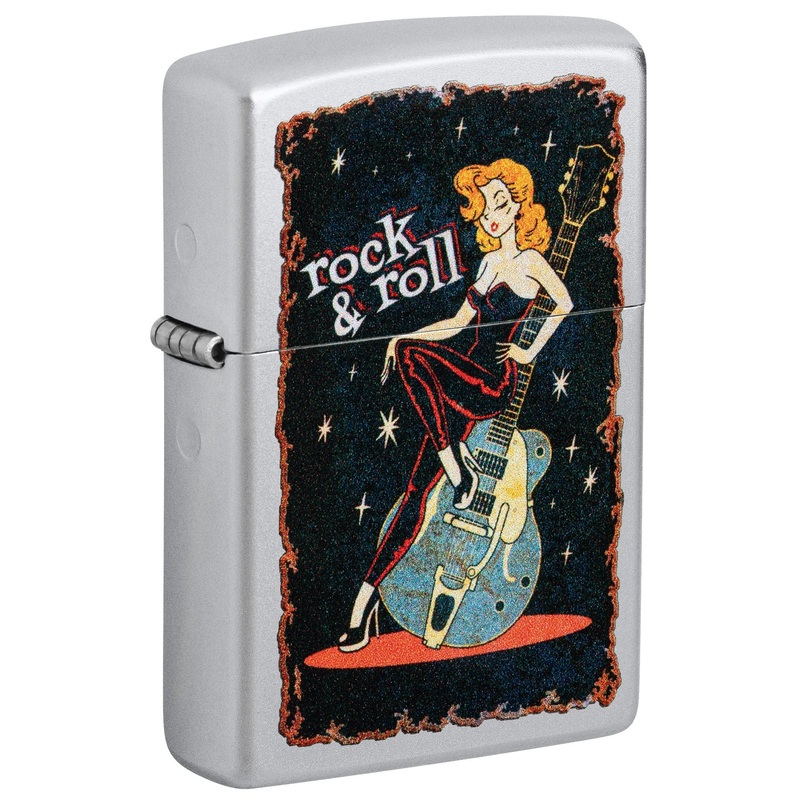 Zippo Lighter: Rock and Roll Girl with Guitar – Satin Chrome 48930