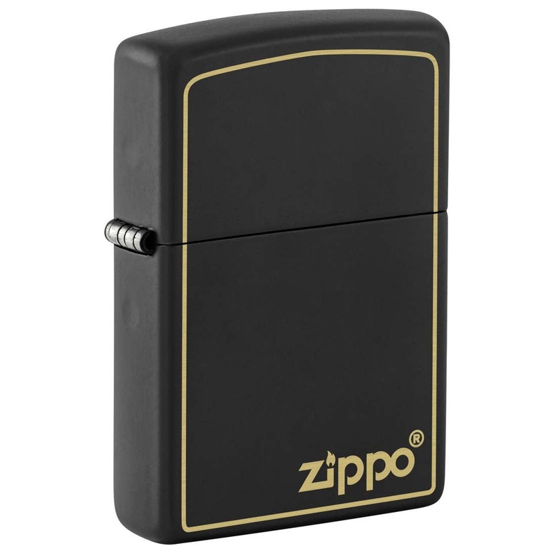 Zippo Lighter: Engraved Zippo Logo with Border – Black Matte 81427