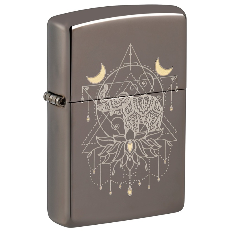 Zippo Lighter: Engraved Elephant and Lotus Flower – Black Ice 46103